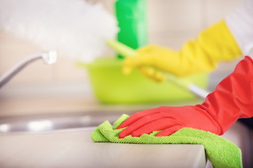 Cleaner reviewing carpet treatment details before starting work